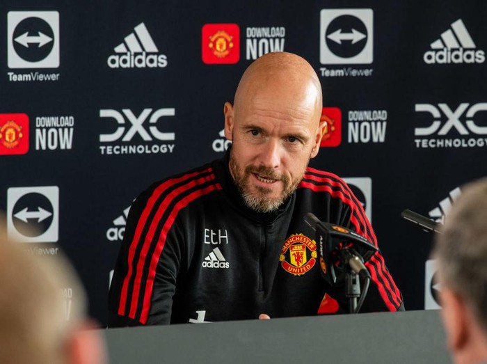 MANCHESTER, ENGLAND - AUGUST 05: Manager Erik ten Hag of Manchester United speaks during a press conference at Carrington Training Ground on August 05, 2022 in Manchester, England. (Photo by Ash Donelon/Manchester United via Getty Images)