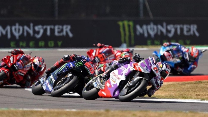Ducati Pramac Racings French rider Johann Zarco leads during the MotoGP race of the British Grand Prix at Silverstone circuit in Northamptonshire, central England, on August 7, 2022. (Photo by ADRIAN DENNIS / AFP) (Photo by ADRIAN DENNIS/AFP via Getty Images)