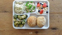Sepertinya menu makan siang di Inggris cukup kenyang. Ada nasi putih, salad kentang, hingga dua potong roti goreng yang siap disantap. Tak lupa yogurt dengan topping buah beri yang nikmat. Foto: madeformums.com