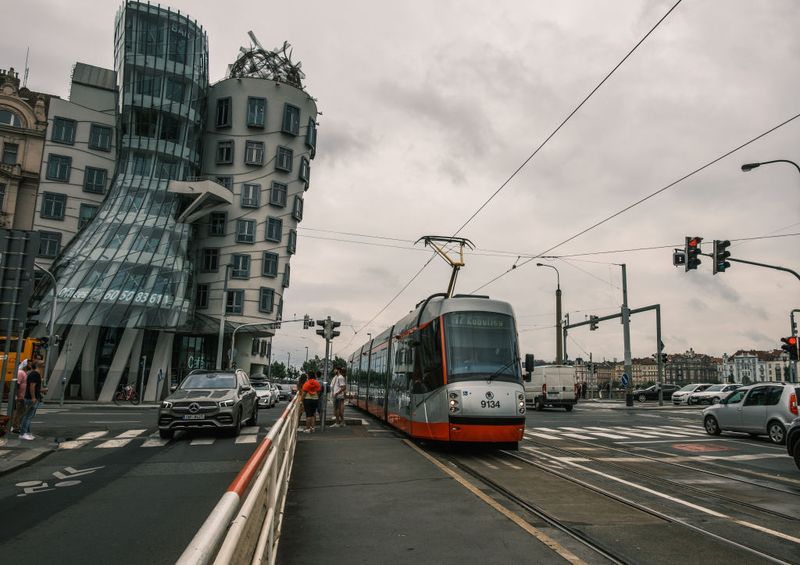 View of The Dancing House is a deconstructivist building from Nationale-Nederlanden, designed by the Croatian-Czech architect Vlado Miluni in collaboration with Frank Gehry facing the Vltava river. The building was designed in 1992. in Prague, Czech Republic, on  August 5, 2022. (Photo by Oscar Gonzalez/NurPhoto via Getty Images)