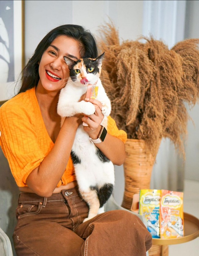 Fanny Ghassani sangat menyayangi kucing dan beberapa kali menyelamatkan kucing-kucing terlantar. Dia pun selalu sedia makanan kucing di mobil untuk memberi makan kucing jalanan. Ini salah satu kucing yang dipeliharanya, bernama Mei-mei. Foto: Instagram