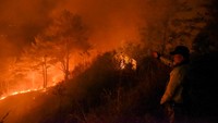 Petugas kepolisian berjaga di lokasi kebakaran lahan, Bukit Parombahan, Desa Aek Sipitudai, Sianjur Mulamula, Samosir, Sumatera Utara, Minggu (7/8/2022) malam.