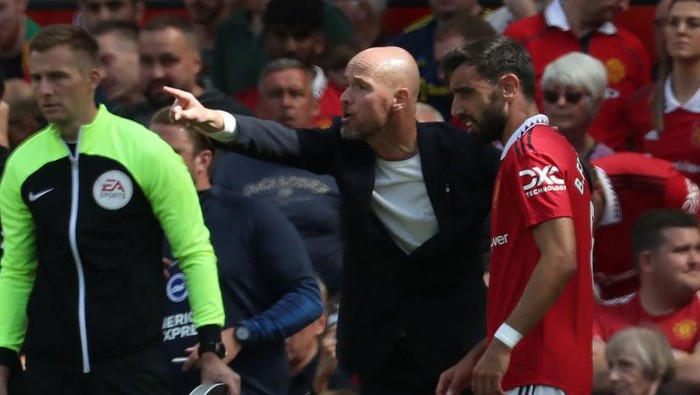 MANCHESTER, ENGLAND - AUGUST 07: Manager Erik ten Hag of Manchester United in action during the Premier League match between Manchester United and Brighton & Hove Albion at Old Trafford on August 07, 2022 in Manchester, England. (Photo by Tom Purslow/Manchester United via Getty Images)