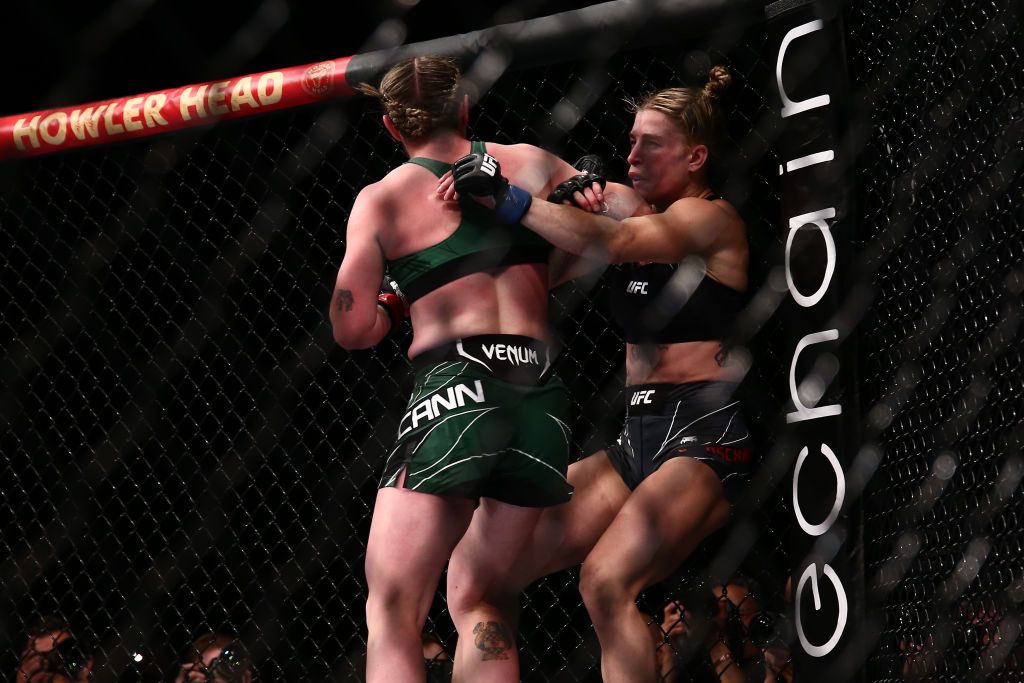 Molly McCann lands a spinning elbow as she knocks out Hannah Goldy during their flyweight bout at ESPN Fight Night 108 at the O2 Arena, Greenwich on Saturday 23rd July 2022.  (Photo by Kieran Riley/MI News/NurPhoto via Getty Images)