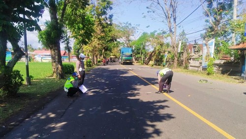 Petugas Polres Jembrana melakukan olah TKP kecelakaan beruntun terjadi di Jalan Denpasar Gilimanuk Kilometer 92-93, Banjar Sebual, Desa Dangin Tukadaya, Kecamatan Jembrana, Senin (8/8/2022).