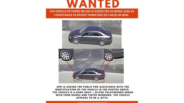 This Wanted poster released Sunday, Aug 7, 2022, by the Albuquerque Police Department shows a vehicle suspected of being used as a conveyance in the recent homicides of four Muslim men in Albuquerque, N.M. Police investigating whether the killings are connected say they need help finding the vehicle believed to be connected to the deaths. Police say the vehicle sought is a dark gray or silver, four-door Volkswagen Jetta with dark tinted windows. (Albuquerque Police Department via AP)