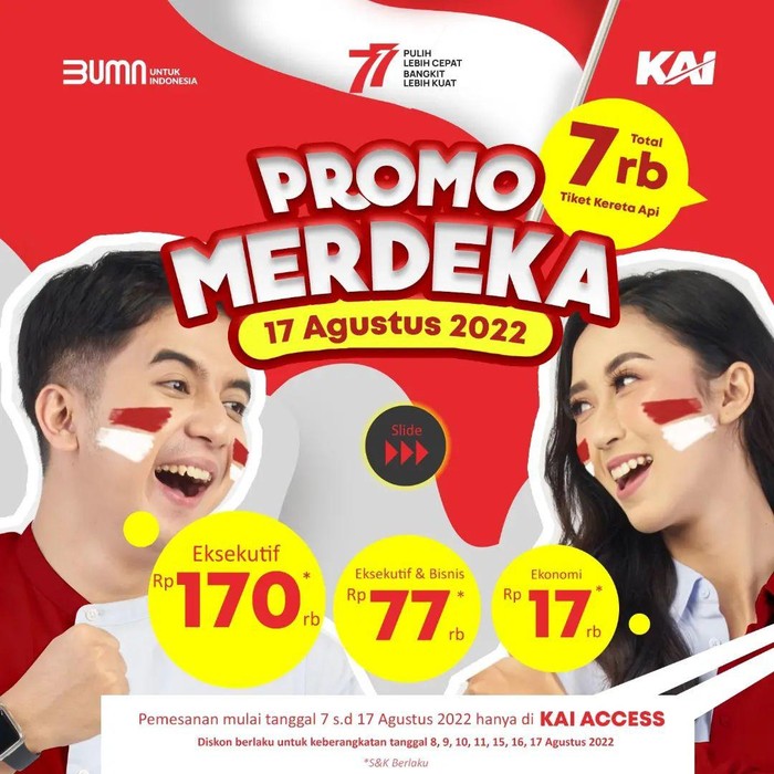 PT KAI menghadirkan program Promo Merdeka. Di mana masyarakat dapat membeli tiket kereta api dengan harga khusus.