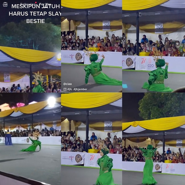 Dalam video viral di TikTok terlihat seorang model di Jember Fashion Carnaval 2022 tampil memakai busana warna hijau. Dia terlihat catwalk dengan percaya diri. Namun saat di tengah runway ia terjatuh, penonton pun ikut terkejut. Saat terjatuh, model itu langsung melakukan aksi tarian yang bikin penonton kagum. Meskipun jatuh harus tetap slay bestie, demikian yang tertulis di unggahan video TikTok @jellydrinkmatcha. Foto: Dok. TikTok @jellydrinkmatcha.