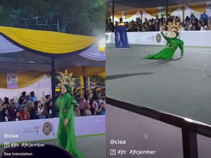 Gecinda Jellyanitricia, model yang jatuh saat acara Jember Fashion Carnaval 2022. Foto Gecinda Jellyanitricia, model yang jatuh saat acara Jember Fashion Carnaval 2022.
