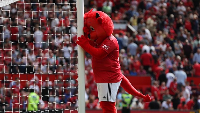 MANCHESTER, ENGLAND - AUGUST 07: Manchester United mascot Fred the Red during the Premier League match between Manchester United and Brighton & Hove Albion at Old Trafford on August 07, 2022 in Manchester, England. (Photo by Catherine Ivill/Getty Images)