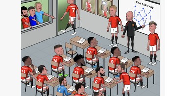 Para pemain bintang rival diilustrasikan menertawakan Erik Ten Hag saat mengulas taktik untuk MU. Foto: Twitter