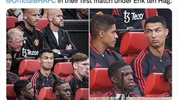Apakah Ronaldo dan Varane di bangku cadangan diam-diam membicarakan Ten Hag? Foto: Twitter
