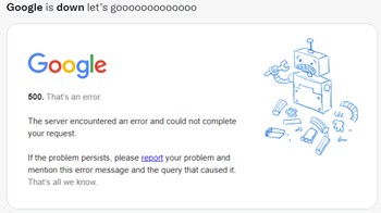 Banyak netizen screenshoot dan berbagi tangkapan layar Google down. Foto: (Twitter)