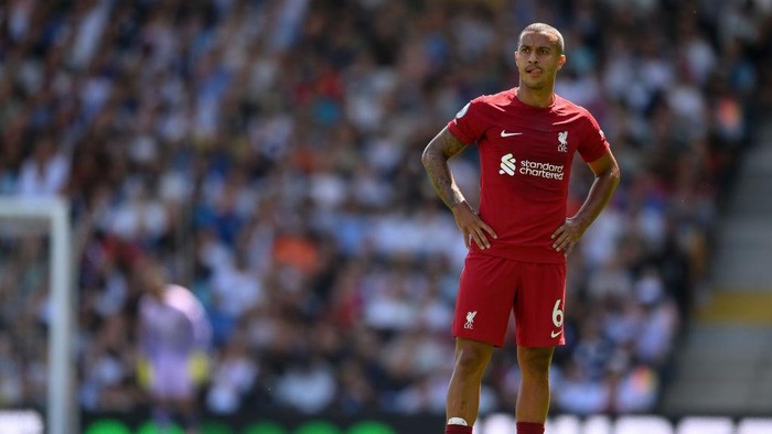 LONDON, ENGLAND - AUGUST 06: Thiago Alcantara of Liverpool looks on during the Premier League match between Fulham FC and Liverpool FC at Craven Cottage on August 06, 2022 in London, England. (Photo by Mike Hewitt/Getty Images)