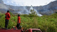Petugas gabungan berusaha memadamkan kebakaran hutan dan lahan (karhutla). Dua orang petugas memantau dari kejauhan dan terlihat asap yang mulai memadati wilayah tersebut.
