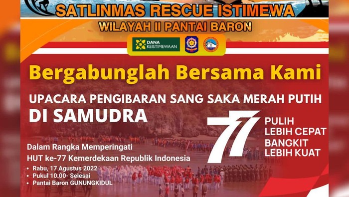 Flyer ajakan kepada wisatawan untuk ikut dalam upacara bendera 17 Agustus di tengah laut kawasan Pantai Baron, Gunungkidul, DIY.