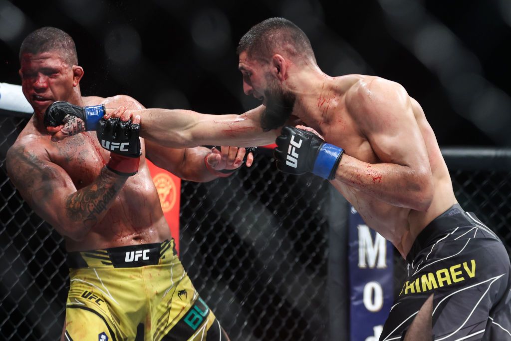 JACKSONVILLE, FLORIDA - APRIL 09: Khamzat Chimaev of Russia looks on after his welterweight fight against Gilbert Burns of Brazil during the UFC 273 event at VyStar Veterans Memorial Arena on April 09, 2022 in Jacksonville, Florida. (Photo by James Gilbert/Getty Images)