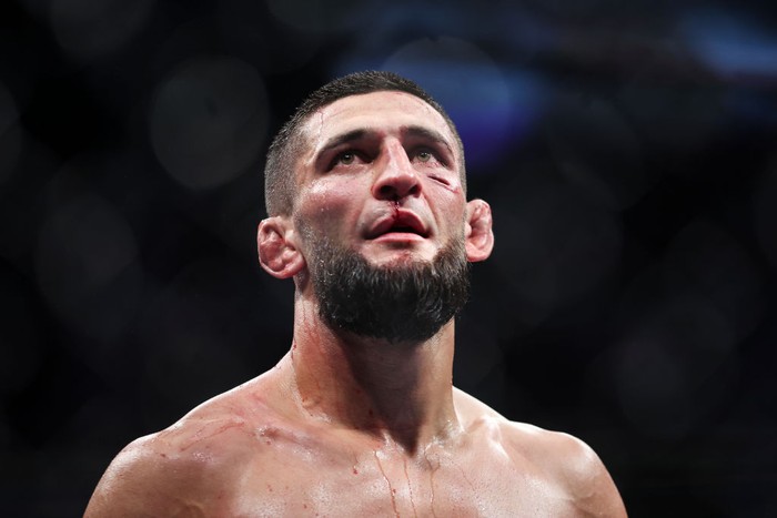 JACKSONVILLE, FLORIDA - APRIL 09: Khamzat Chimaev of Russia looks on after his welterweight fight against Gilbert Burns of Brazil during the UFC 273 event at VyStar Veterans Memorial Arena on April 09, 2022 in Jacksonville, Florida. (Photo by James Gilbert/Getty Images)