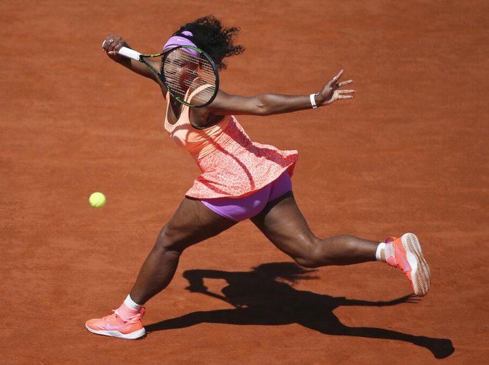 FILE - Serena Williams of the U.S. returns in the final of the French Open tennis tournament against Lucie Safarova of the Czech Republic at the Roland Garros stadium, in Paris, France, Saturday, June 6, 2015. Saying “the countdown has begun,” 23-time Grand Slam champion Serena Williams said Tuesday, Aug. 9, 2022, she is ready to step away from tennis so she can turn her focus to having another child and her business interests, presaging the end of a career that transcended sports. (AP Photo/David Vincent, File)