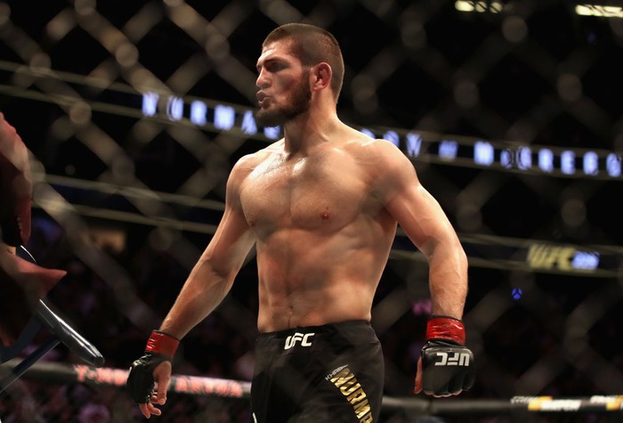 LAS VEGAS, NV - OCTOBER 06:  Khabib Nurmagomedov of Russia reacts after Conor McGregor of Ireland tapped out in their UFC lightweight championship bout during the UFC 229 event inside T-Mobile Arena on October 6, 2018 in Las Vegas, Nevada.  (Photo by Christian Petersen/Zuffa LLC/Zuffa LLC)
