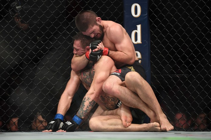 LAS VEGAS, NV - OCTOBER 06:  Khabib Nurmagomedov of Russia reacts after Conor McGregor of Ireland tapped out in their UFC lightweight championship bout during the UFC 229 event inside T-Mobile Arena on October 6, 2018 in Las Vegas, Nevada.  (Photo by Christian Petersen/Zuffa LLC/Zuffa LLC)