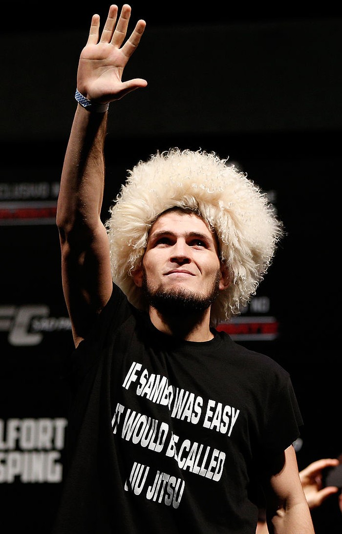 SAO PAULO, BRAZIL - JANUARY 18: Khabib Nurmagomedov weighs in during the UFC on FX official weigh-in event on January 18, 2013 at Ibirapuera Gymnasium in Sao Paulo, Brazil. (Photo by Josh Hedges/Zuffa LLC/Zuffa LLC via Getty Images)