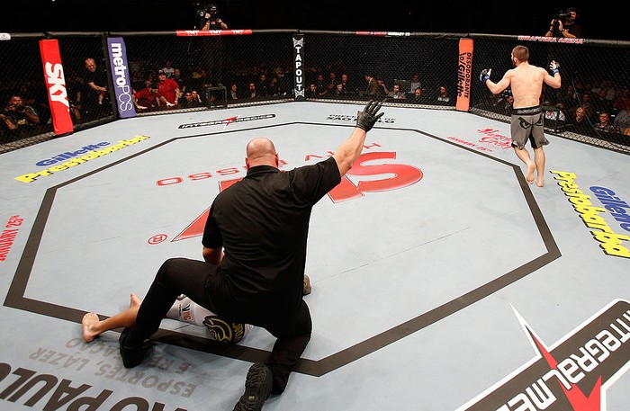 SAO PAULO, BRAZIL - JANUARY 19: Khabib Nurmagomedov reacts after knocking out Thiago Tavares in their lightweight fight at the UFC on FX event on January 19, 2013 at Ibirapuera Gymnasium in Sao Paulo, Brazil. (Photo by Josh Hedges/Zuffa LLC/Zuffa LLC via Getty Images)