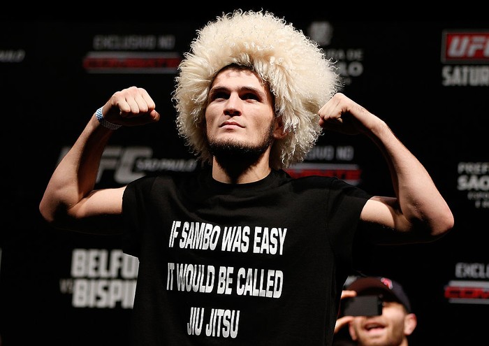 SAO PAULO, BRAZIL - JANUARY 18:  Khabib Nurmagomedov weighs in during the UFC on FX official weigh-in event on January 18, 2013 at Ibirapuera Gymnasium in Sao Paulo, Brazil. (Photo by Josh Hedges/Zuffa LLC/Zuffa LLC via Getty Images)