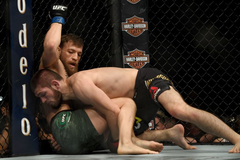LAS VEGAS, NV - OCTOBER 06:  Khabib Nurmagomedov of Russia reacts after Conor McGregor of Ireland tapped out in their UFC lightweight championship bout during the UFC 229 event inside T-Mobile Arena on October 6, 2018 in Las Vegas, Nevada.  (Photo by Christian Petersen/Zuffa LLC/Zuffa LLC)