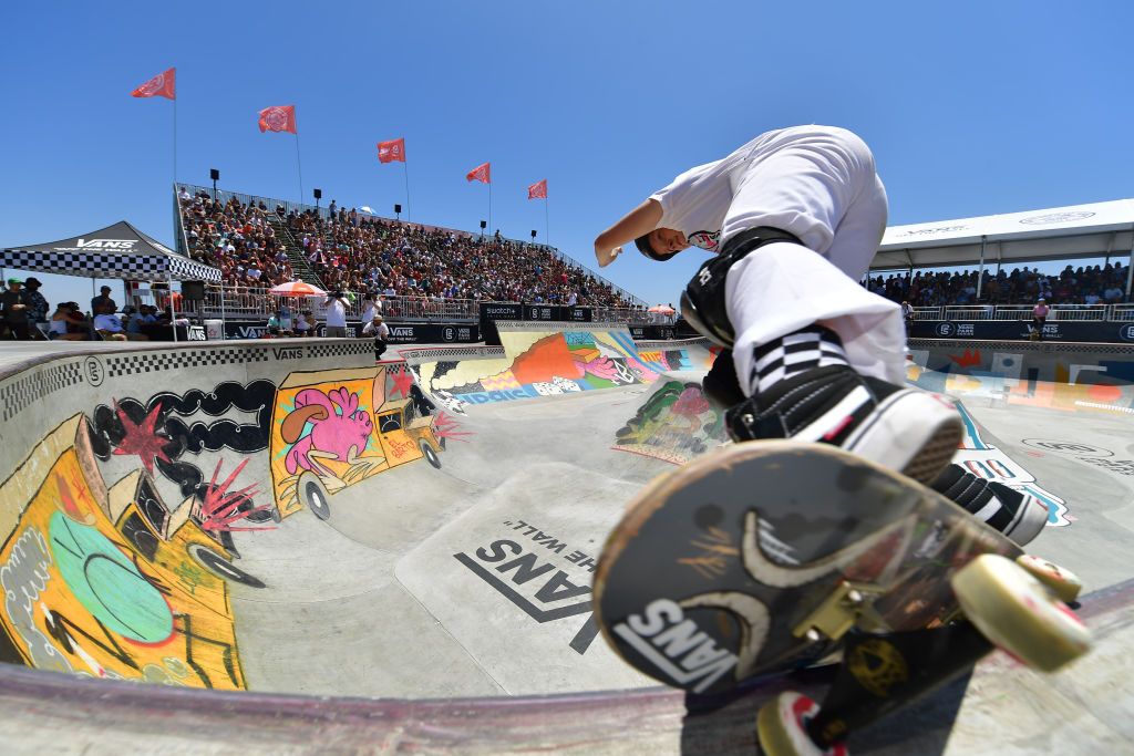 Skateboarding: Vans Park Series: Poppy Olsen in action during Women's Select competition at Vans Off The Wall Skatepark.Huntington Beach, CA 8/4/2018CREDIT: Donald Miralle (Photo by Donald Miralle /Sports Illustrated via Getty Images)(Set Number: X162066 TK1 )