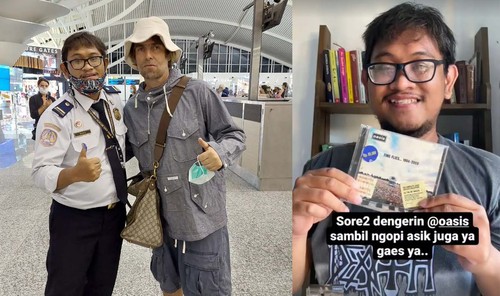 Viral di media sosial instagram mantan vokalis Band Oasis Liam Gallagher tengah berfoto dengan seorang petugas imigrasi di Bandara Ngurah Rai, Bali. Foto itu diunggah oleh akun @powerrangeritem.