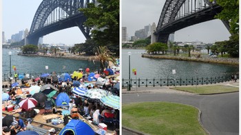 Foto kombinasi selanjutnya ada suasana Bradfield Park, Sydney, Australia, saat para warga berkerumun menjelang malam perayaan tahun baru pada 31 Desember 2019. Imbas pandemi COVID-19 yang merebak, perayaan tahun baru pada 31 Desember 2020 terlihat sepi pengunjung.