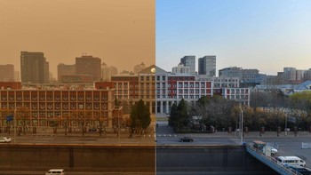 Dalam foto kombinasi ini terlihat Kota Beijing dilanda badi pasir di sebelah kiri pada 15 Maret 2021. Di sebelah kanannya, pada 16 Maret 2021, suasana Beijing dengan langit biru yang cerah.