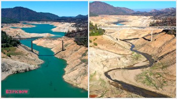 Lalu, ada kombinasi foto dari Danau Oroville sebelum dilanda kekeringan dan sesudah kekeringan di California. Foto danau sebelum kering diambil pada 27 April 2021. Sedangkan foto sesudah kekeringan diambil pada 22 Juli 2021.