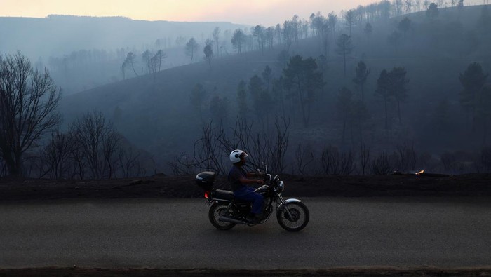 EUROPE-WEATHER/PORTUGAL-WILDFIRES A person rides a motorcycle on a burned area during a wildfire in Videmonte, Celorico da Beira, Portugal, August 11, 2022. REUTERS/Pedro Nunes