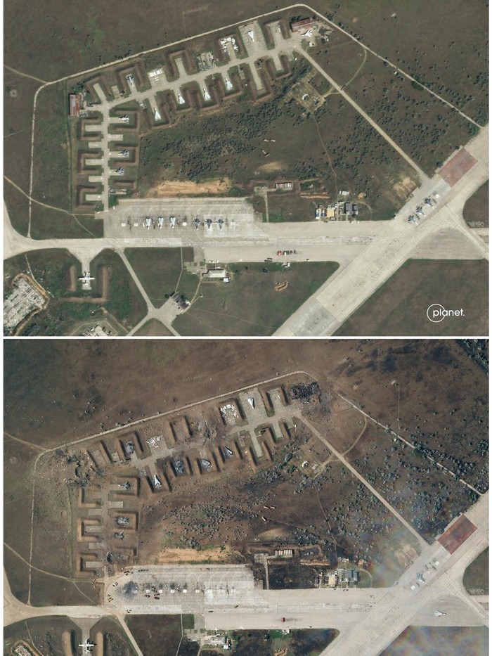 Foto Satelit Pangkalan Udara di Crimea Diserang, 9 Jet Rusia Hancur A combination photo shows satellite images of Saky air base in Crimea, August 9, 2022 and after an attack on August 10, 2022. Planet Labs PBC/Handout via REUTERS THIS IMAGE HAS BEEN SUPPLIED BY A THIRD PARTY. MANDATORY CREDIT