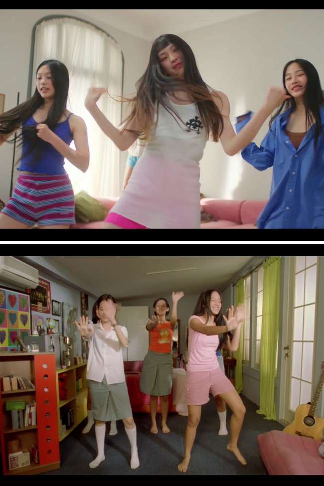 Salah satu adegan dalam video klip NewJeans ‘Attention’ pun mengingatkan netizen dengan geng mading saat menari di kamar Cinta untuk menghibur Alya. Foto: dok. ADOR, Twitter