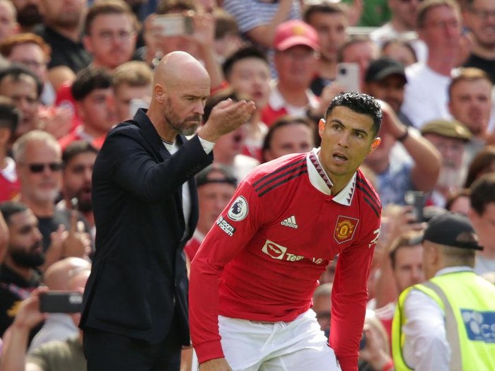 Manchester United manager Erik ten Hag sends on substitute Cristiano Ronaldo during the Premier League match at Old Trafford, Manchester. Picture date: Sunday August 7, 2022. (Photo by Ian Hodgson/PA Images via Getty Images)