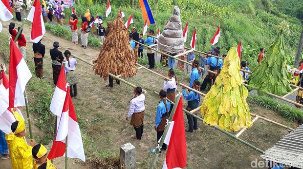 Warga lereng Gunung Merapi Boyolali menggelar kirab gunung tembakau dan 77 bendera merah putih, untuk syukuran panen tembakau sekaligus memperingati HUT ke-77 Kemerdekaan Indonesia, Sabtu (13/8/2022).