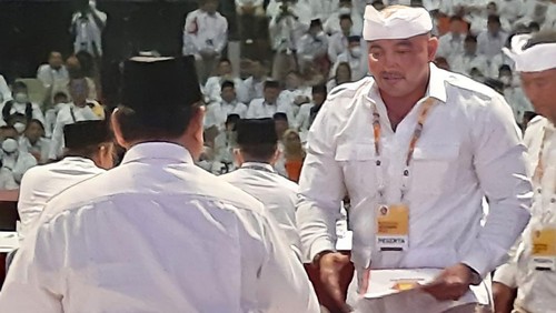 Ketua DPD Gerindra Bali Made Muliawan Arya saat memberikan pandangan umum DPD Gerindra Bali pada Rapimnas Gerindra 2022 di Sentul Convention Center (SCC), Jumat (12/8/2022)