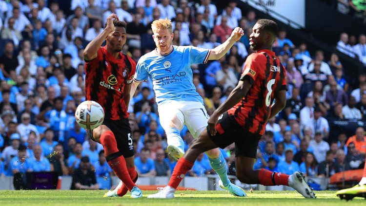 Kevin De Bruyne MANCHESTER, ENGLAND - AUGUST 13: Kevin de Bruyne of Manchester City scores their 2nd goal during the Premier League match between Manchester City and AFC Bournemouth at Etihad Stadium on August 13, 2022 in Manchester, United Kingdom. (Photo by Simon Stacpoole/Offside/Offside via Getty Images)