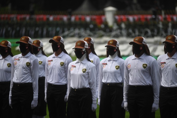 Gladi kotor upacara peringatan HUT ke-77 kemerdekaan RI digelar di halaman Istana Merdeka, Jakarta, Sabtu (13/8/2022).