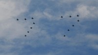 Bahkan, pesawat F16 melintasi langit Istana dengan formasi membentuk angka 77, keren.