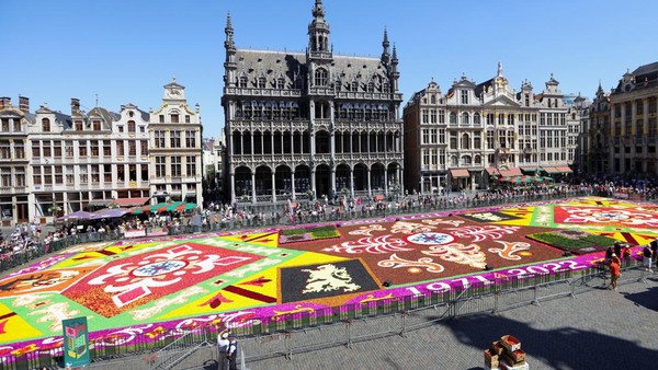 Pemandangan menunjukkan hamparan bunga seluas 1.680 meter persegi yang terbuat dari begonia, dahlia, rumput, kulit kayu, dan krisan Belgia di Brussels Grand Place, Belgia.