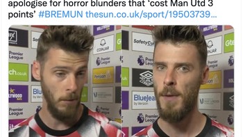 Permintaan maaf David De Gea atas permainannya semalam. Foto: Twitter