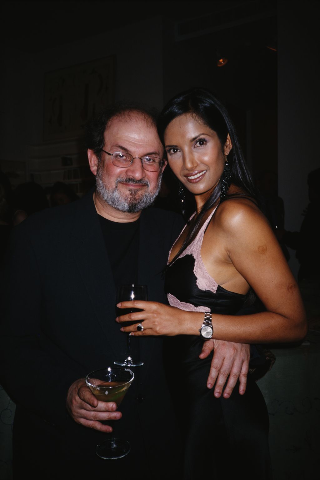 British Indian novelist Salman Rushdie with his partner, actress and author Padma Lakshmi at a Talk Magazine party for Martin Amis in New York City, 2000. (Photo by Rose Hartman/Getty Images)
