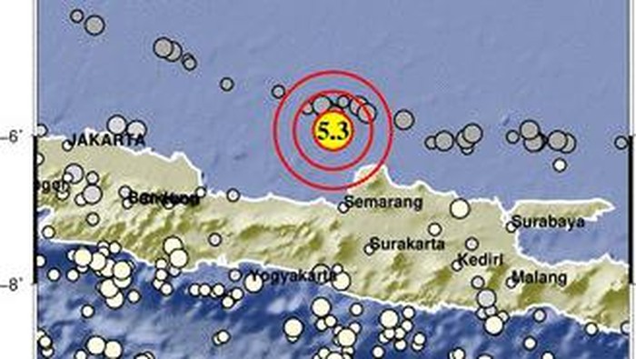 Gempa bumi magnitudo (M) 5,3 terjadi di pantai utara Kabupaten Jepara, Jawa Tengah, Senin (15/8/2022).