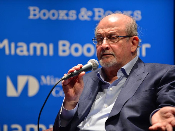 British author Salman Rushdie speaks as he presents his book Quichotte at the Volkstheater in Vienna, Austria, on November 16, 2019. - Austria OUT (Photo by HERBERT NEUBAUER / APA / AFP) / Austria OUT (Photo by HERBERT NEUBAUER/APA/AFP via Getty Images)