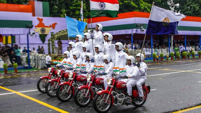 Indian army soldiers display their skills on motorcycles on the eve of Independence Day  in Hyderabad, India, Sunday, Aug. 14, 2022.