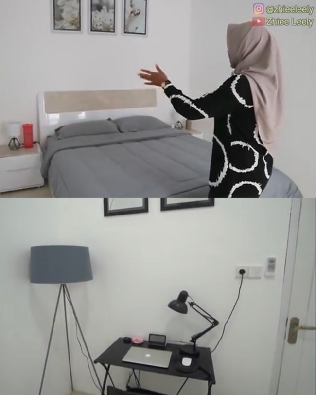 Kamar Zhiee berada di lantai dua yang juga bernuansa minimalis putih abu-abu. Ada juga ruang televisi dan sofa warna abu-abu serta kamar anak. Foto: Dok. Youtube Zhiee Leely.